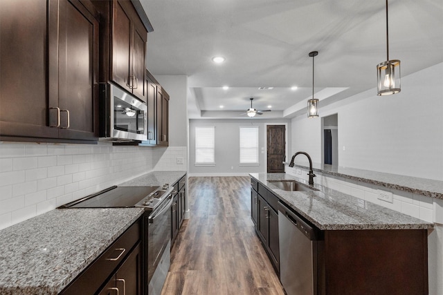 kitchen featuring dark brown cabinetry, stainless steel appliances, wood finished floors, a sink, and a raised ceiling