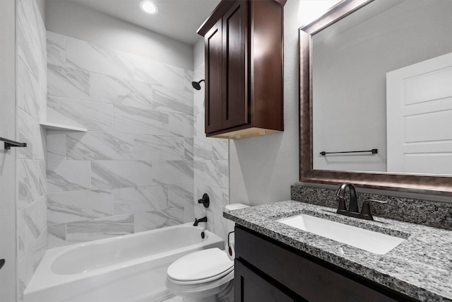 full bath with recessed lighting, vanity, toilet, and shower / bathtub combination