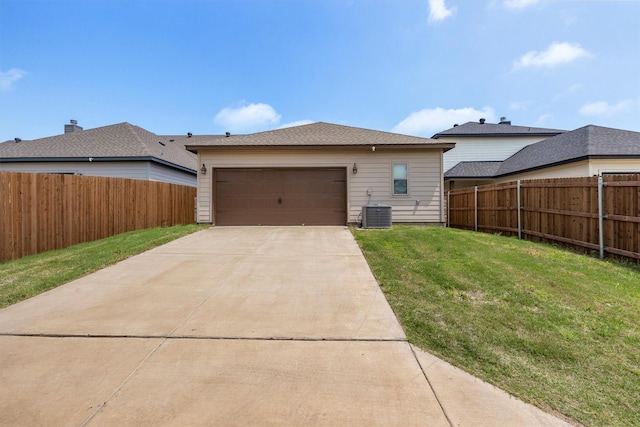 exterior space featuring central AC, a front yard, fence, and driveway