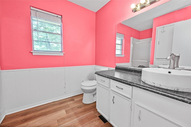 bathroom with wood finished floors, a shower stall, a wainscoted wall, toilet, and vanity