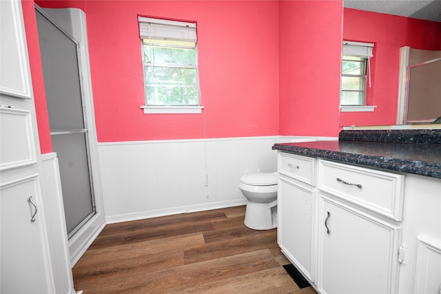 bathroom featuring toilet, a wainscoted wall, wood finished floors, a stall shower, and vanity
