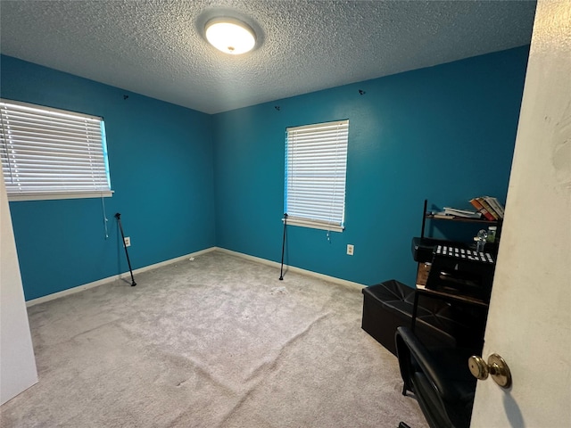 interior space featuring a textured ceiling, carpet flooring, and baseboards