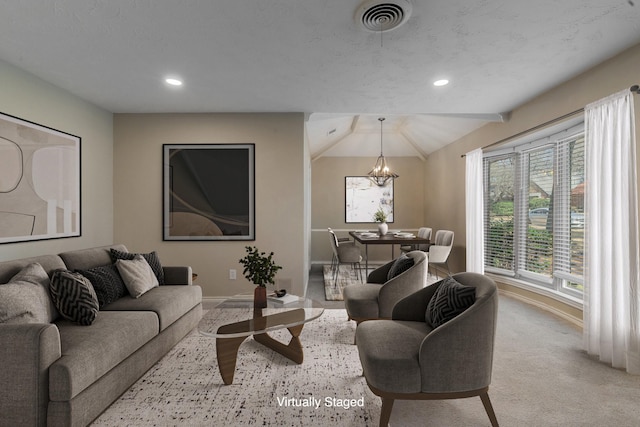 carpeted living room with an inviting chandelier, baseboards, visible vents, and recessed lighting