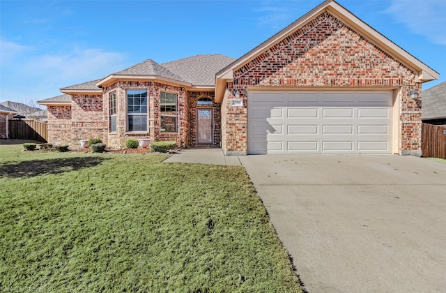 single story home featuring a garage, brick siding, fence, concrete driveway, and a front lawn