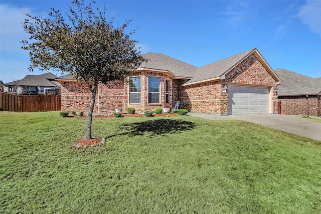 ranch-style home with a garage, brick siding, fence, driveway, and a front lawn