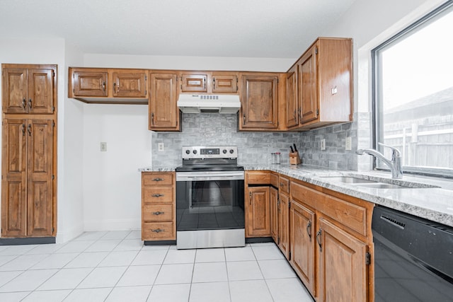 kitchen featuring stainless steel electric stove, backsplash, a sink, dishwasher, and under cabinet range hood