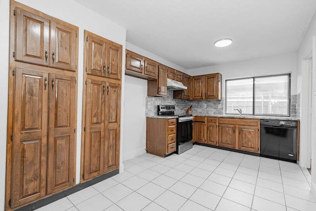 kitchen featuring under cabinet range hood, light countertops, decorative backsplash, dishwasher, and stainless steel range with electric stovetop