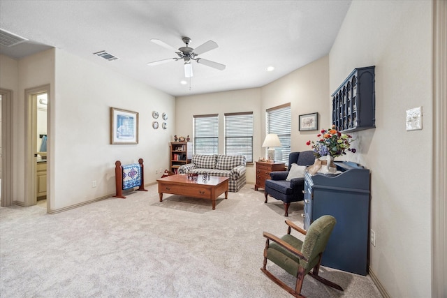 9216 Cachelle Ct, North Richland Hills, TX 76182 - living room featuring light carpet, a ceiling fan, and baseboards