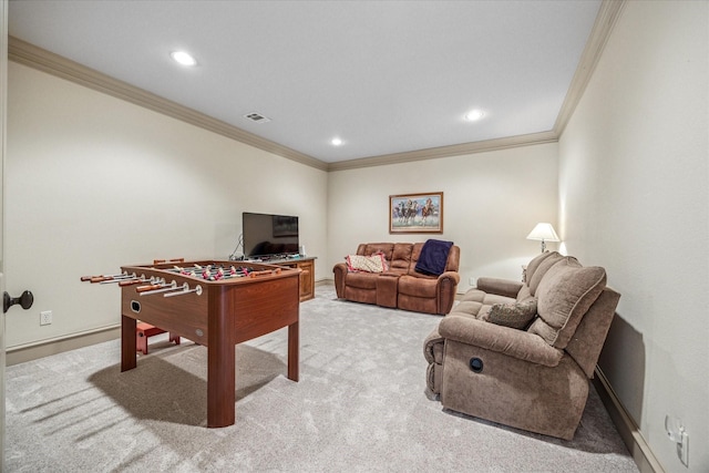9216 Cachelle Ct, North Richland Hills, TX 76182 - game room with crown molding, light colored carpet, recessed lighting, and baseboards