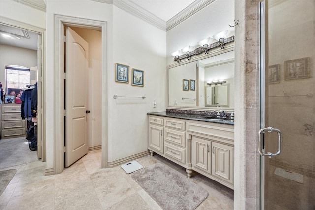9216 Cachelle Ct, North Richland Hills, TX 76182 - bathroom featuring vanity, crown molding, a stall shower, and a walk in closet
