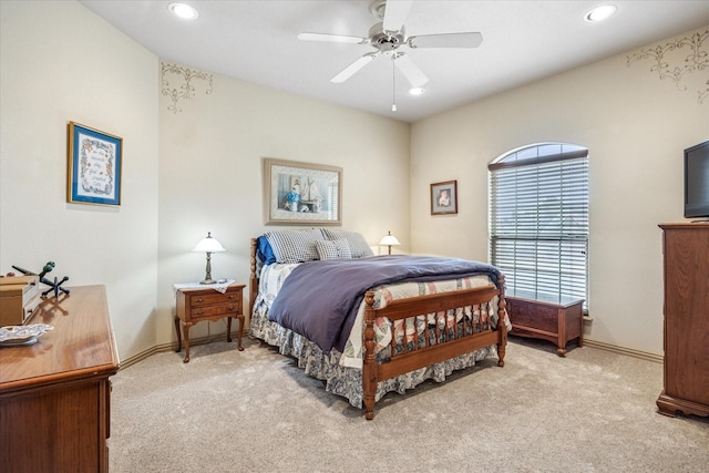 bedroom featuring recessed lighting, baseboards, ceiling fan, and light colored carpet