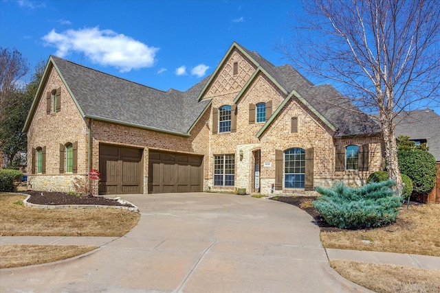 french country inspired facade with driveway, roof with shingles, an attached garage, and brick siding