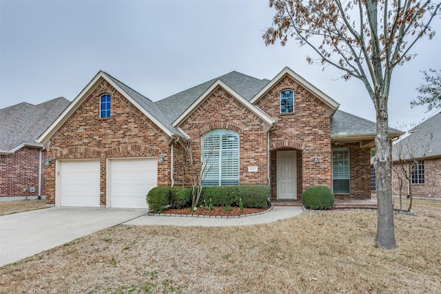 view of front of house with driveway, an attached garage, and brick siding