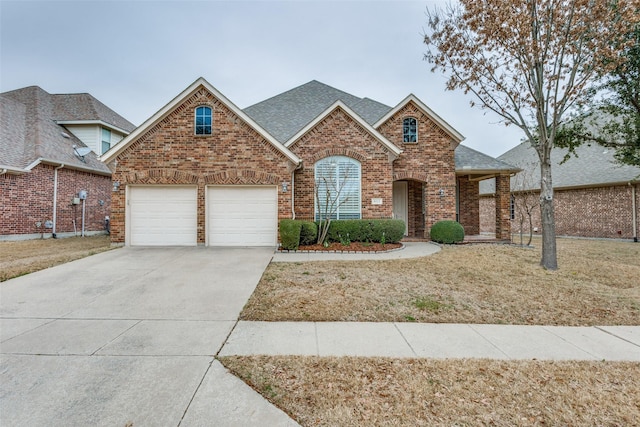 view of front facade featuring driveway, brick siding, and a shingled roof