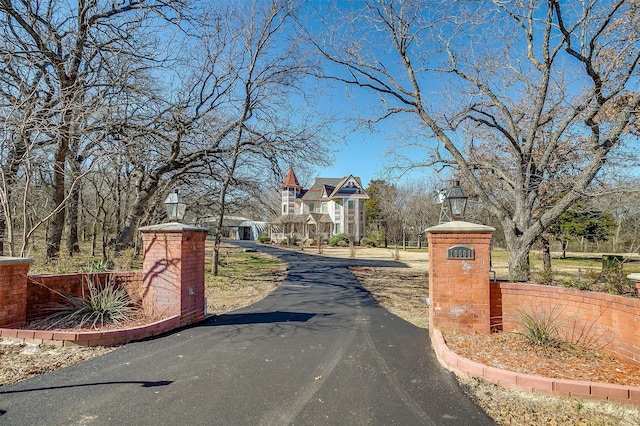 view of street featuring aphalt driveway and a gate