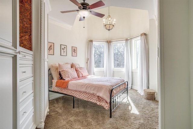 bedroom with light carpet, ornamental molding, and baseboards