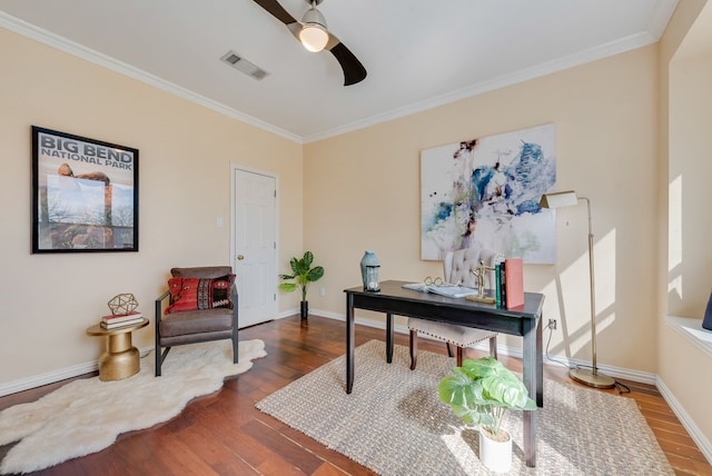 office featuring ceiling fan, visible vents, dark wood finished floors, and baseboards