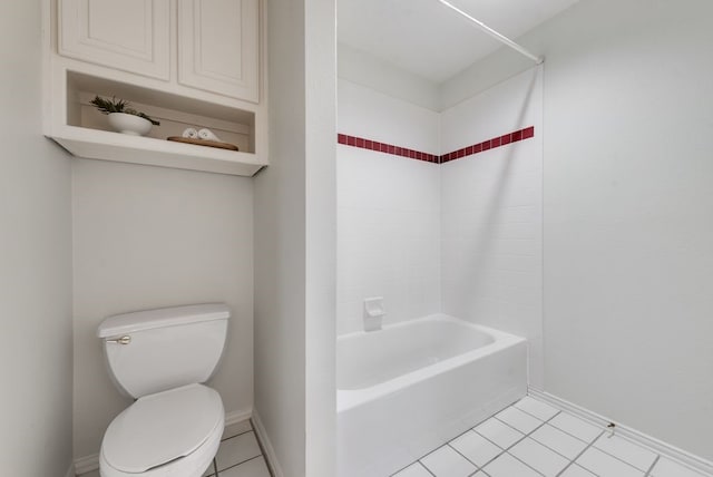 full bath featuring shower / bathtub combination, tile patterned flooring, toilet, and baseboards