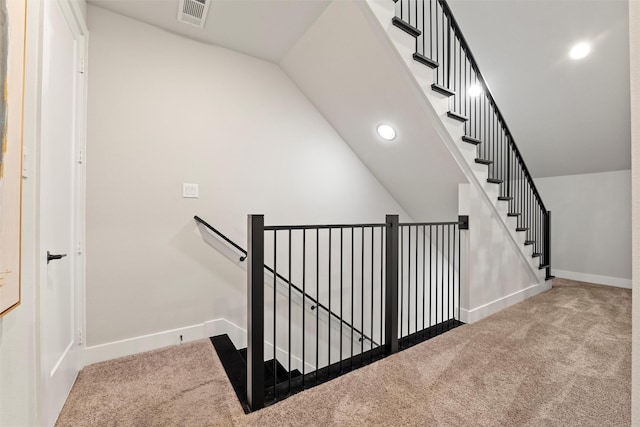 staircase featuring recessed lighting, carpet flooring, visible vents, and baseboards