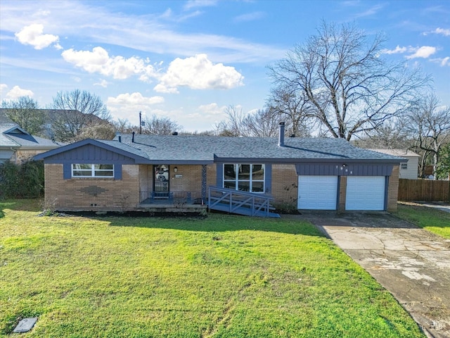 view of front of property with brick siding, an attached garage, crawl space, a porch, and a front yard