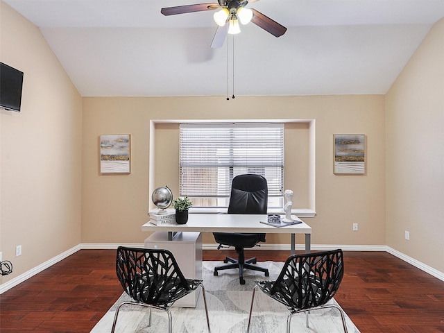 office featuring baseboards, vaulted ceiling, and wood finished floors