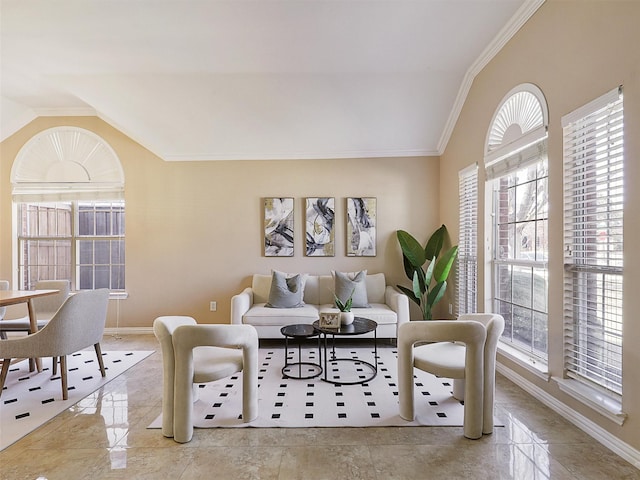 living room featuring lofted ceiling, marble finish floor, ornamental molding, and baseboards