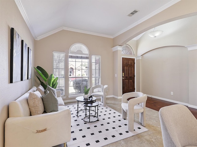 living area featuring lofted ceiling, baseboards, visible vents, and crown molding