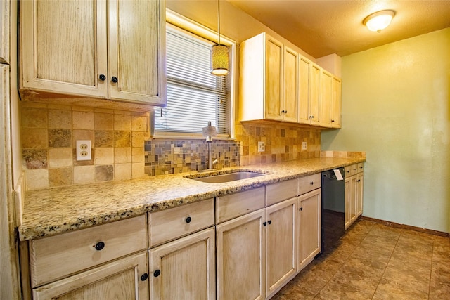 kitchen with a sink, dishwasher, light brown cabinetry, tasteful backsplash, and pendant lighting