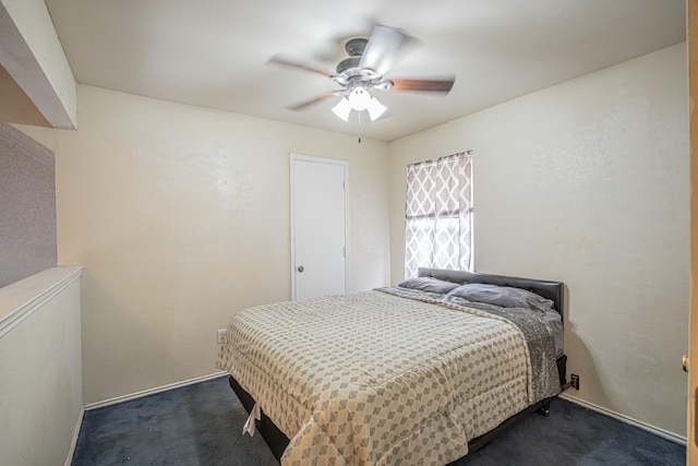 bedroom featuring a ceiling fan, dark colored carpet, and baseboards