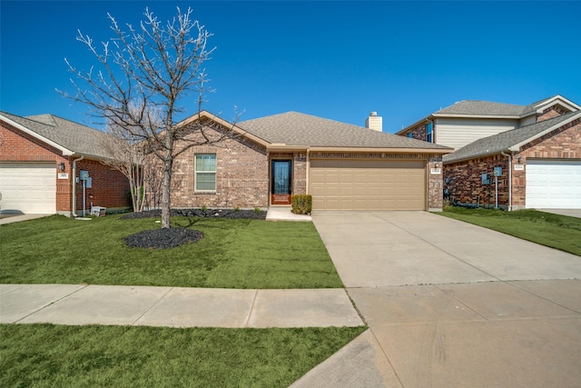 ranch-style home featuring driveway, a chimney, an attached garage, brick siding, and a front lawn