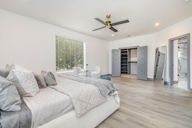 bedroom with visible vents, a ceiling fan, recessed lighting, light wood finished floors, and baseboards