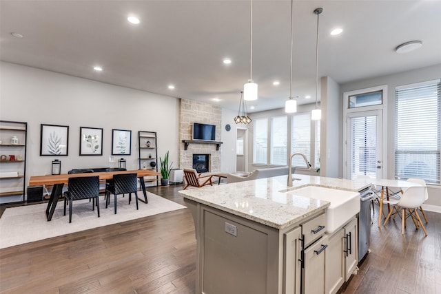 kitchen with dishwasher, open floor plan, dark wood-type flooring, a stone fireplace, and a sink