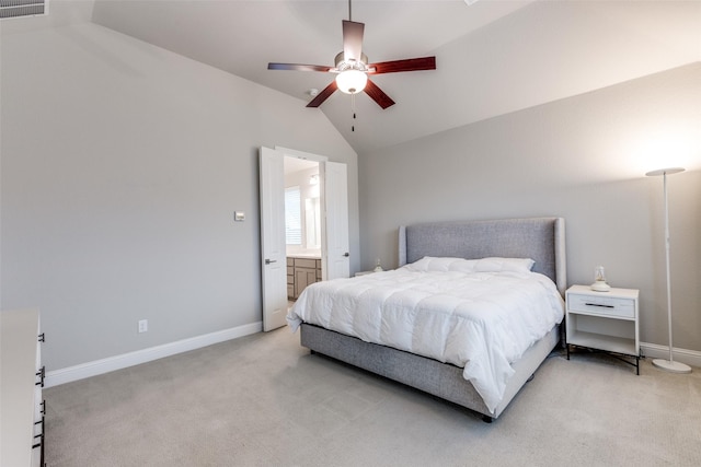 bedroom featuring lofted ceiling, light carpet, visible vents, and baseboards