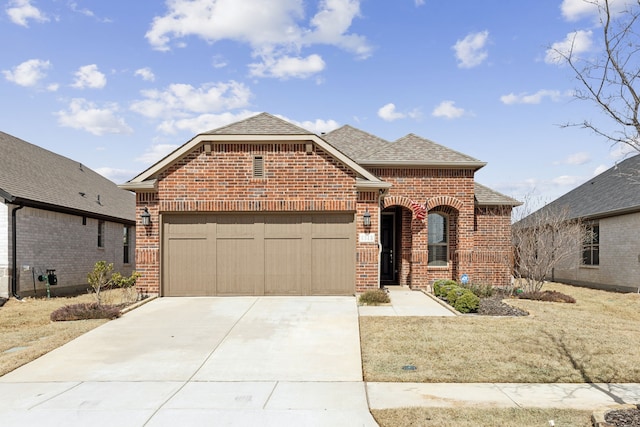 french country style house with a garage, concrete driveway, brick siding, and roof with shingles