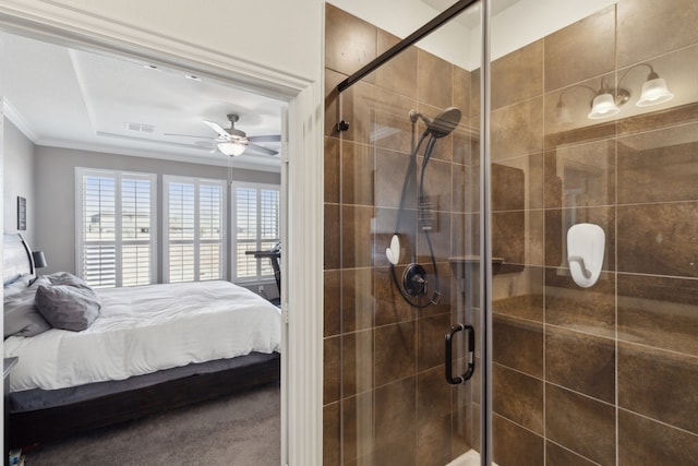 ensuite bathroom with ceiling fan, connected bathroom, visible vents, a shower stall, and crown molding