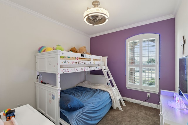 bedroom with ornamental molding, carpet, and baseboards