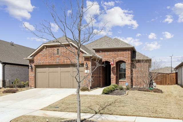 view of front facade featuring a garage, brick siding, a shingled roof, fence, and concrete driveway