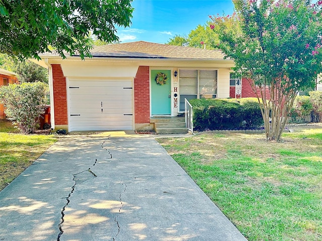 ranch-style home featuring a garage, concrete driveway, brick siding, and a front yard