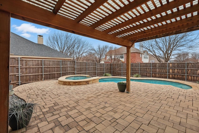 view of patio featuring a fenced backyard, a pergola, a fenced in pool, and an in ground hot tub