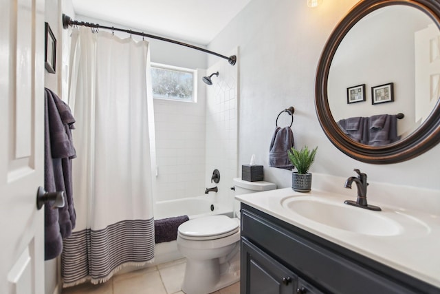 full bath featuring shower / bath combination with curtain, tile patterned flooring, vanity, and toilet