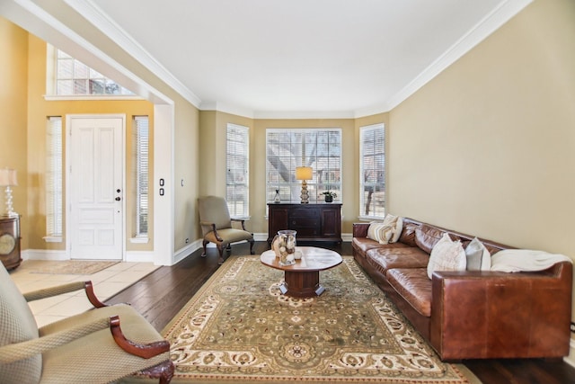 living room with baseboards, wood finished floors, and crown molding