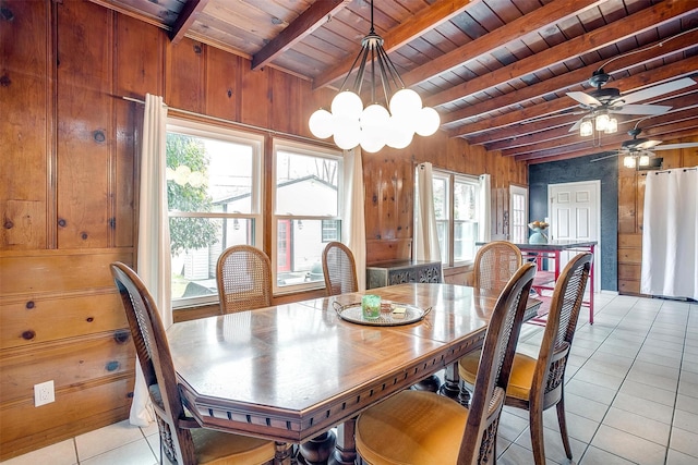 dining room featuring light tile patterned floors, wooden walls, a chandelier, wooden ceiling, and beamed ceiling