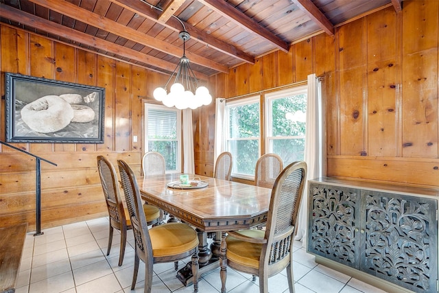 dining space with light tile patterned flooring, wooden walls, a chandelier, wooden ceiling, and beamed ceiling