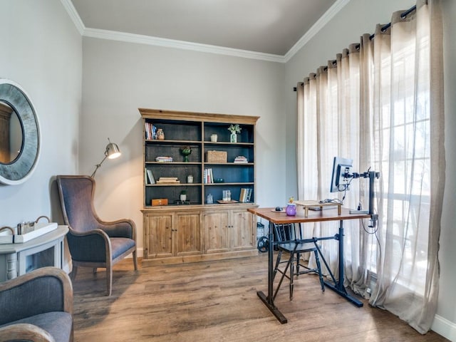 office with light wood-style flooring and crown molding