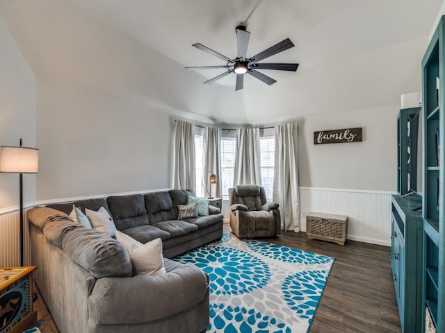 living room with ceiling fan, wainscoting, and wood finished floors