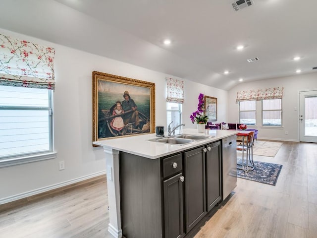 kitchen featuring a center island with sink, visible vents, a sink, and dishwasher