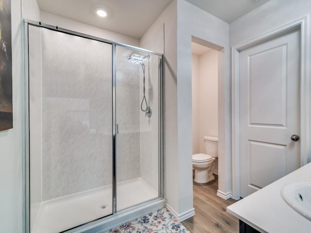 full bath featuring vanity, wood finished floors, a shower stall, and toilet