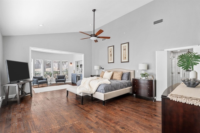 bedroom with high vaulted ceiling, recessed lighting, a ceiling fan, visible vents, and dark wood-style floors