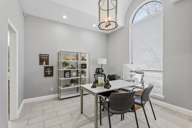 office area featuring baseboards, a notable chandelier, and recessed lighting