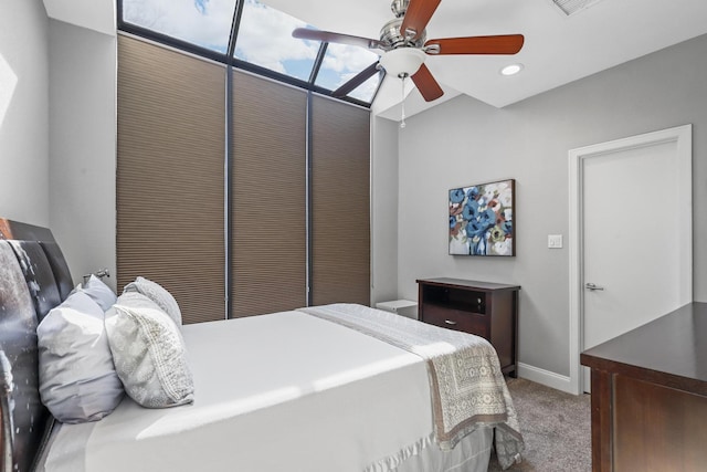 bedroom featuring carpet floors, recessed lighting, a ceiling fan, and baseboards